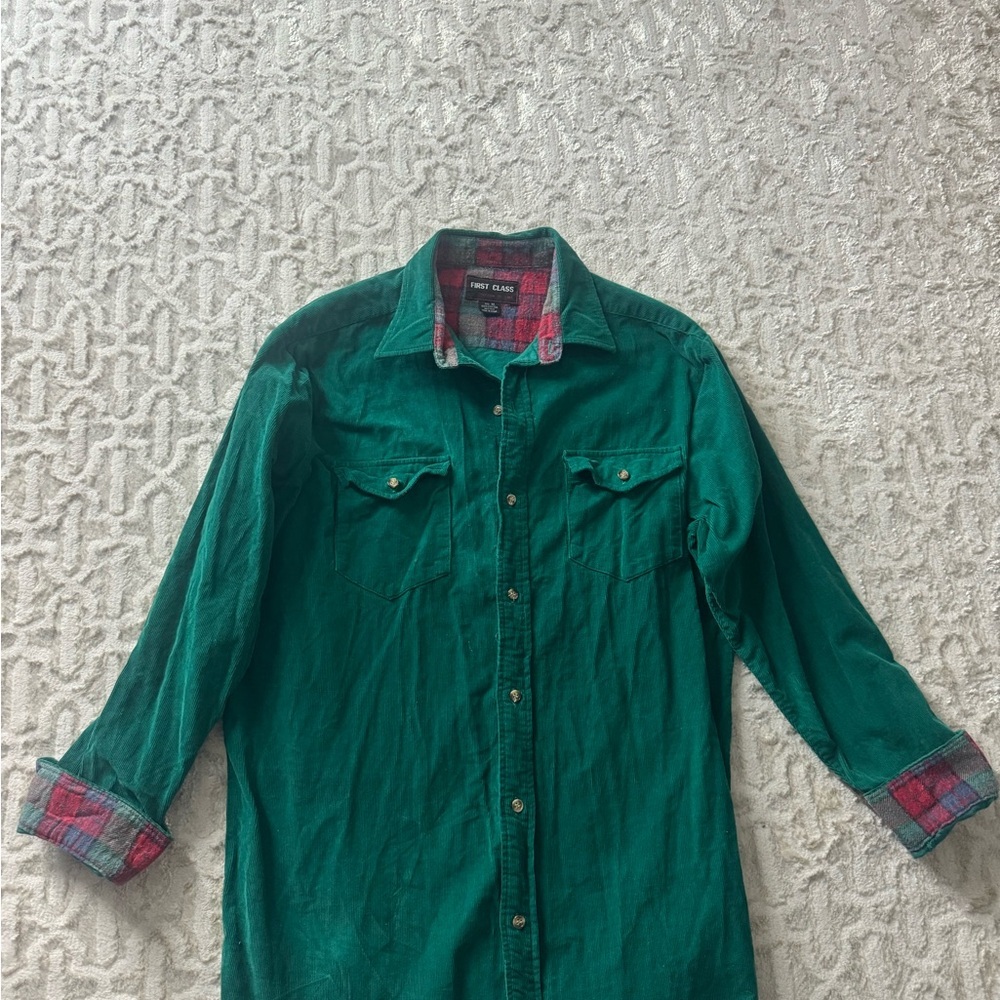 Men's vintage first class Green courdaroy Shirt with Plaid Accents size xl
